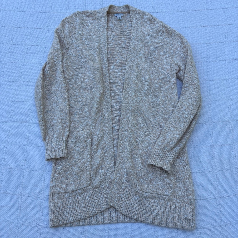 Women's Medium LL BEAN 100% Cotton Ragg Open Cardigan Sweater Tan Cream Marl